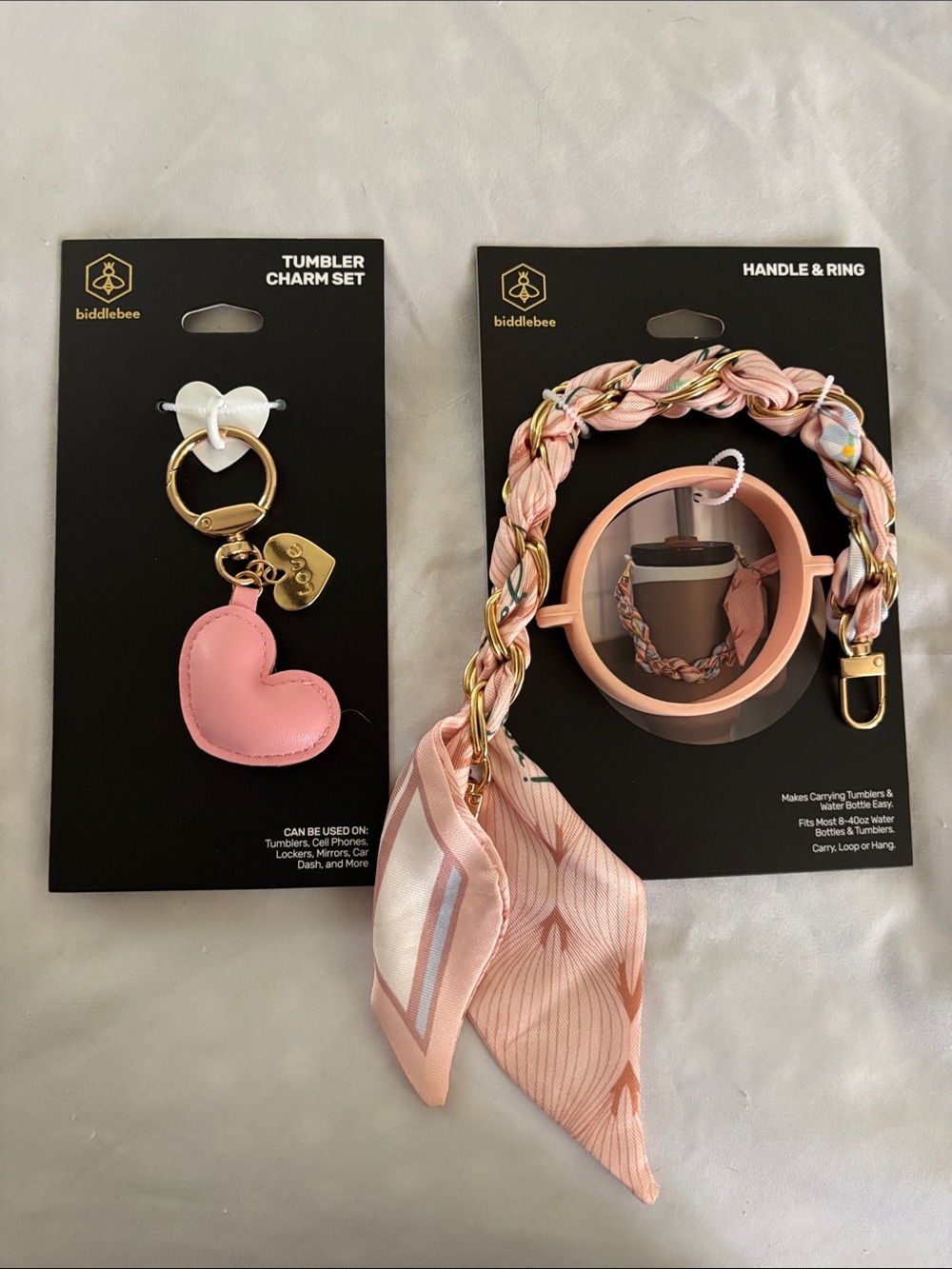 Biddlebee Tumbler Charm Set Pink Heart Keychain & Pink Braided Handle Set